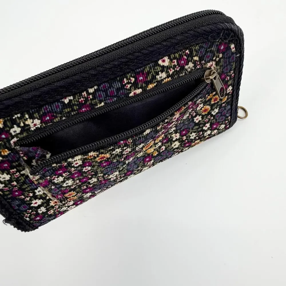 LEI Floral Zip Around Wallet Clutch Black Corduroy Organizer Boho Cottagecore